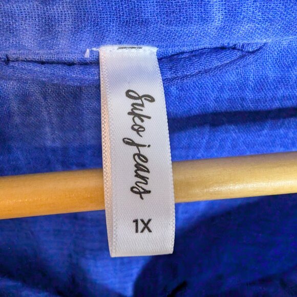 Indigo Hand-Dyed Look Button-Up Blouse | 100% Cotton, Raw Edges, Size 1X (NWT) - Picture 4 of 14